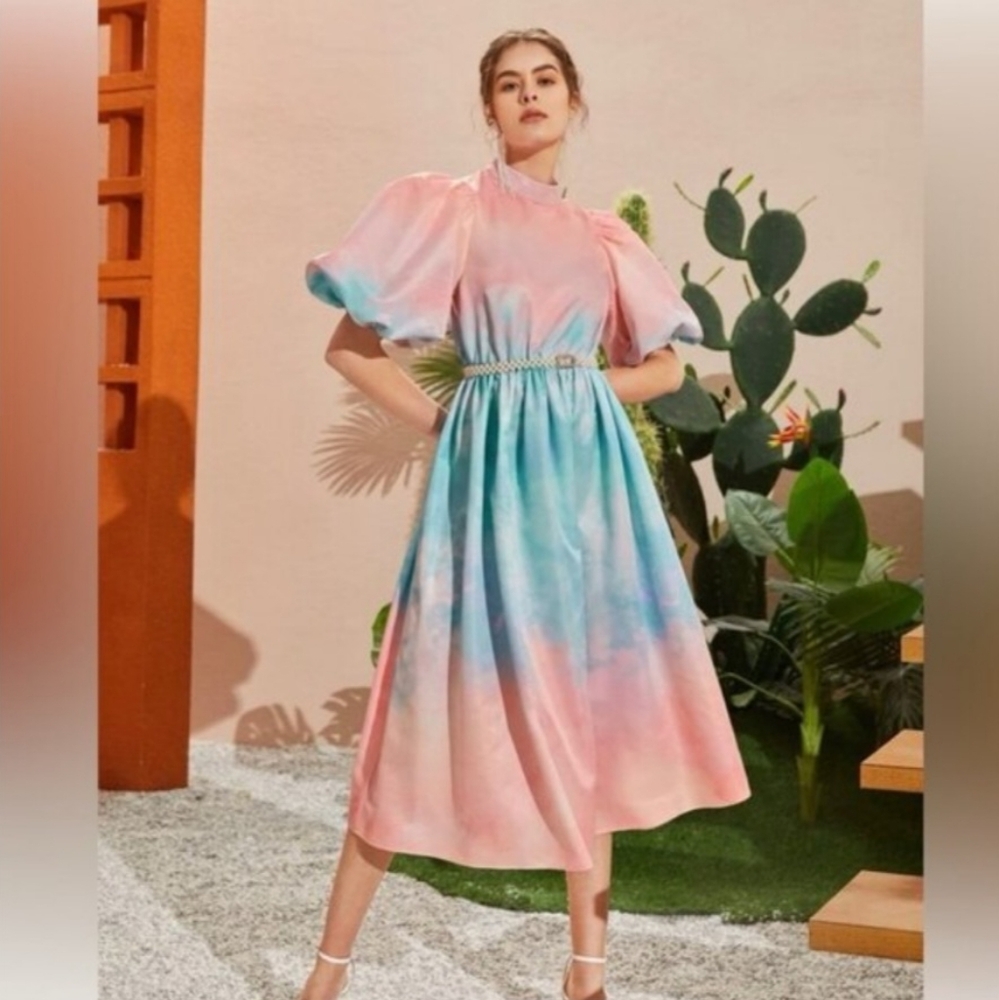 SHEIN Pink and Blue Puff Sleeve Dress